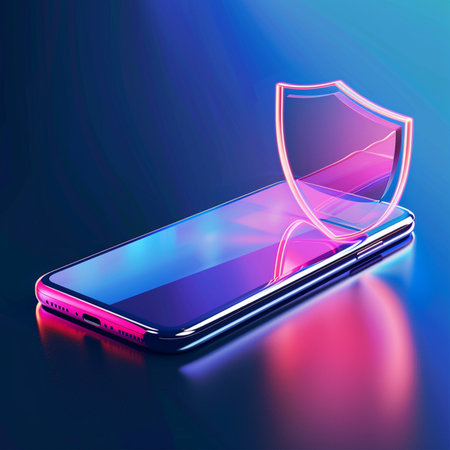 Smartphone with shield on blue background. 3d vector illustration.の素材