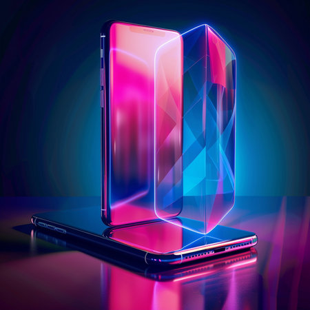 Mobile phone with blue and pink glass screen on dark background. 3d renderingの素材
