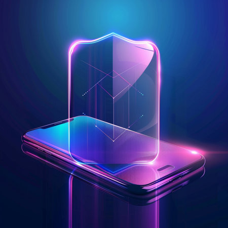 Smartphone with shield on the screen. 3d vector illustration.の素材