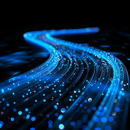 Futuristic technology wave background with glowing lines and bokehの素材