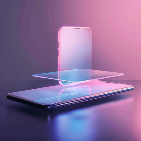 Smartphone with a blank screen on a purple background. 3d renderingの素材