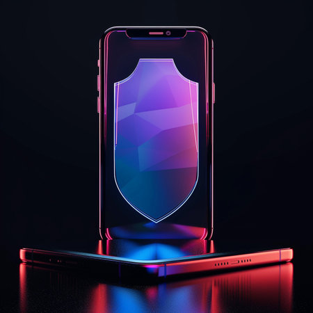 Smartphone with shield on a dark background. 3d illustration.の素材