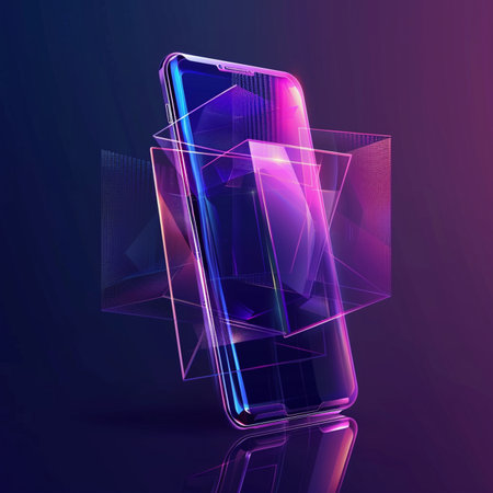 Smartphone with abstract glowing geometric shapes on dark background. Vector illustrationの素材