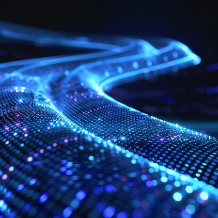 3d rendering of abstract technology digital wave with glowing particles on dark backgroundの素材