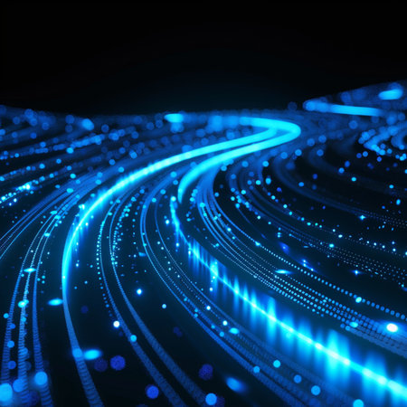 abstract blue background with glowing particles, wave lines and bokehの素材