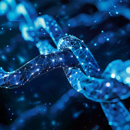 3D rendering of abstract digital human DNA molecule on dark blue backgroundの素材