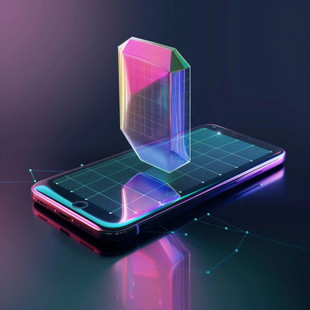 Smartphone with building icon on screen. 3d render illustration.の素材