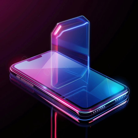 Smartphone on the black background. 3D rendering. Neon light.の素材