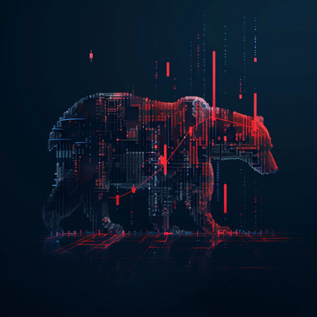 Illustration of elephant with circuit board and binary code on dark backgroundの素材