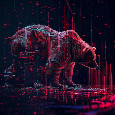 3D illustration of a bear with binary code and red background.の素材