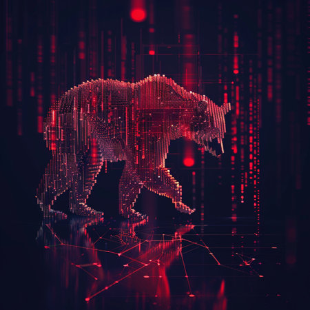 Abstract low poly bear on a dark background. The concept of cyberpunk. 3d renderingの素材