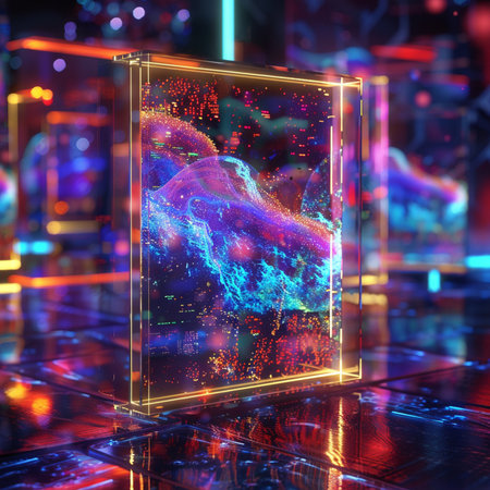 3D rendering of a hologram in a glass box on a background of colorful lightsの素材