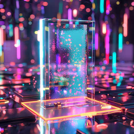 Futuristic glass showcase with neon lights. 3D Renderingの素材