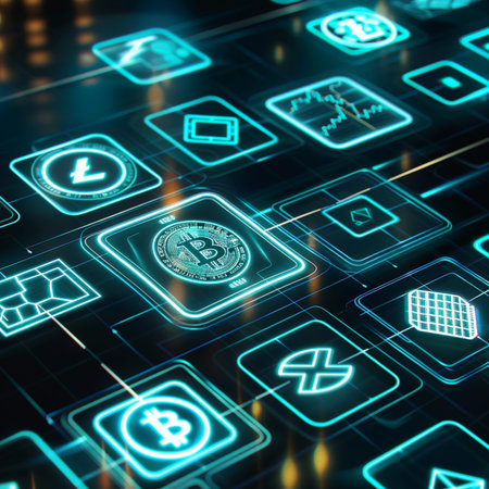 Futuristic glowing neon cryptocurrency icons on dark background 3D renderingの素材
