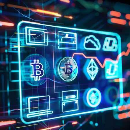 Futuristic interface with bitcoin. 3d rendering toned imageの素材