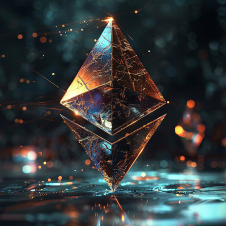 3D illustration of a crystal on a dark background with bokehの素材