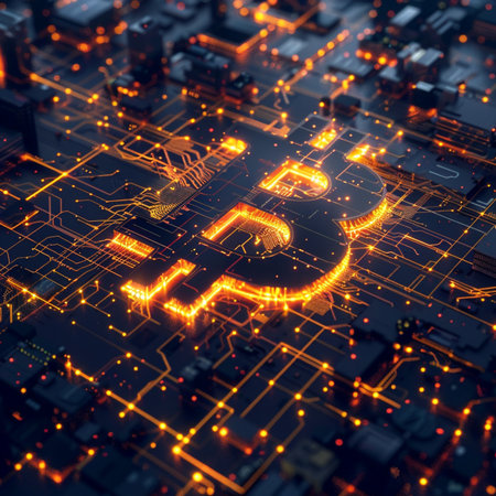 Futuristic glowing bitcoin symbol on circuit board. 3D renderingの素材
