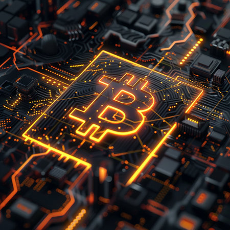 Circuit board with bitcoin symbol. Cryptocurrency concept. 3d illustrationの素材
