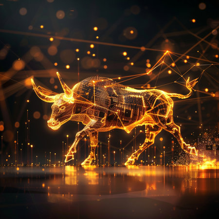 Abstract polygonal bull on dark background. 3D rendering.の素材