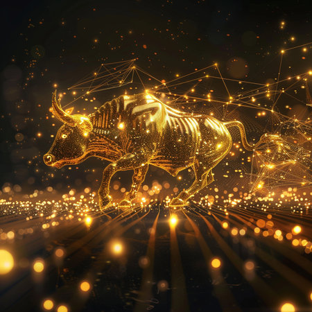 golden bull on a dark background with particles. 3d renderingの素材