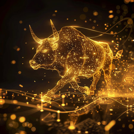 3D rendering of a golden bull on a black background with glowing particlesの素材