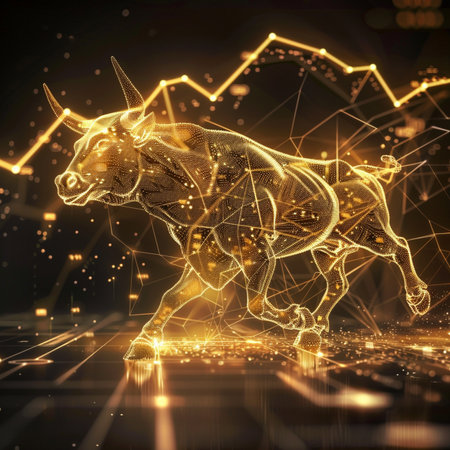 3d rendering of a golden bull on a dark background with glowing linesの素材
