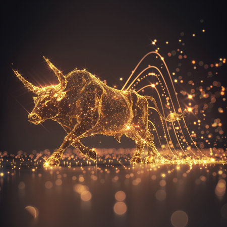 Vector illustration of golden bull on a dark background with bokeh lightsの素材