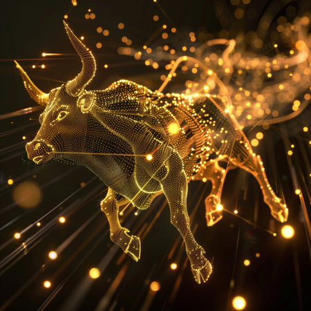 3D rendering of a golden bull with particles on a black backgroundの素材
