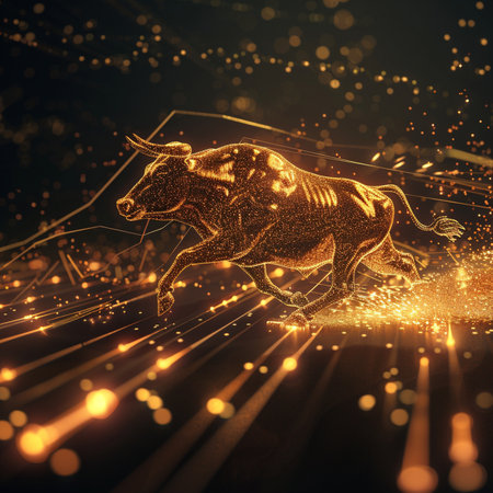 Gold bull on a dark background. 3d rendering, 3d illustration.の素材