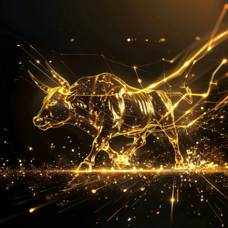 Abstract 3d rendering of golden bull on a black background with raysの素材