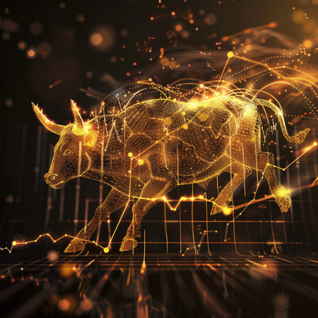 Abstract 3d rendering of bull on a dark background. Stock market concept.の素材