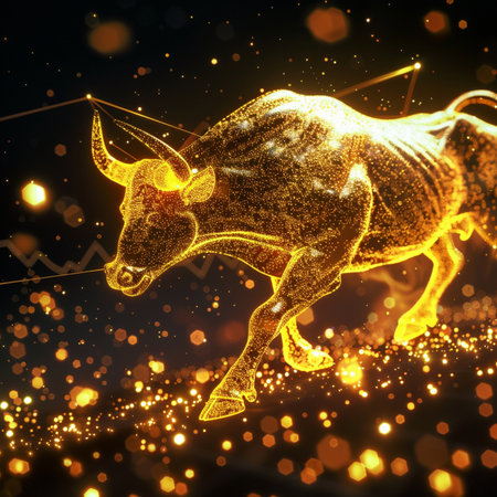 Gold bull on a black background with bokeh effect. 3d renderingの素材