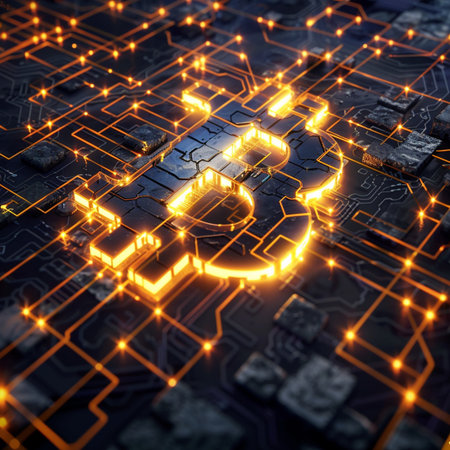 Circuit board close-up with glowing bitcoin symbol. 3D renderingの素材