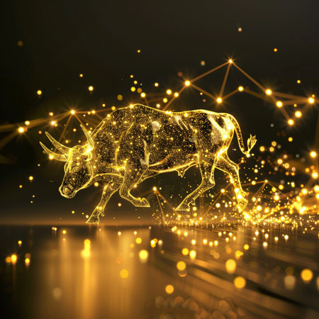 Golden bull with sparkles on a dark background. 3d renderingの素材