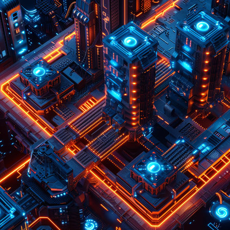 3d illustration of futuristic city in neon light. 3d renderingの素材