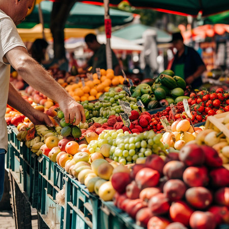 Fruits and vegetables for sale on a market stall. A man is buying fresh fruits and vegetables.の素材