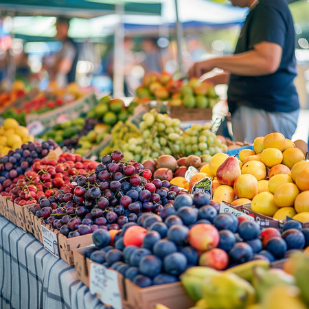 Fruit market stall with variety of fruits and vegetables, close upの素材