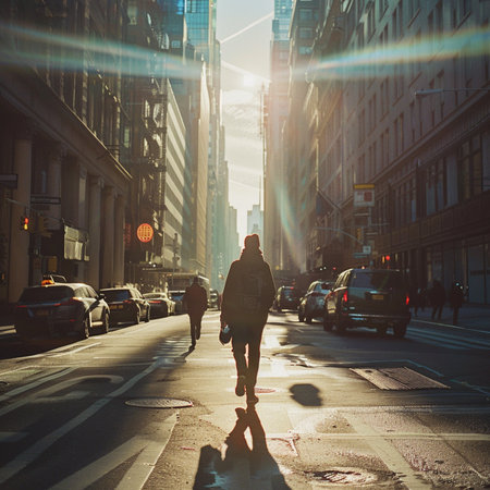 Woman walking on the street at sunset in New York City, USA.の素材