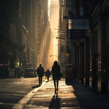 Couple walking on a foggy street in San Francisco, Californiaの素材