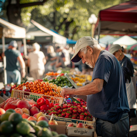 Senior man buying fruits at the market.の素材