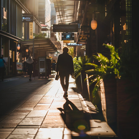 Silhouette of a man walking in the street at night.の素材