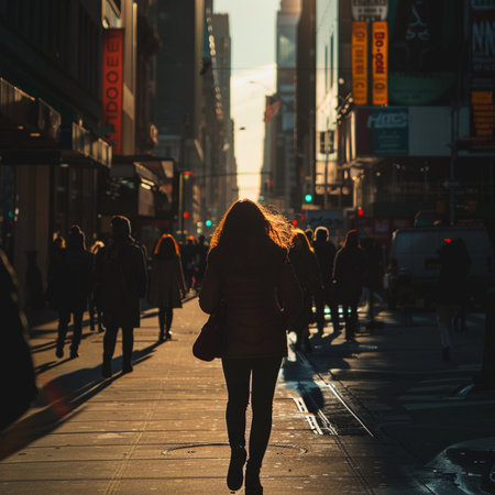 Back view of a woman walking on the street in New Yorkの素材