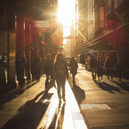 People walking on the street at sunset.の素材