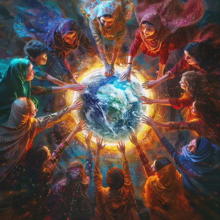 Group of indian people holding earth globe. Elements of this image furnished by NASAの素材