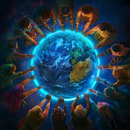 3d render of group of soccer players standing around the planet earthの素材