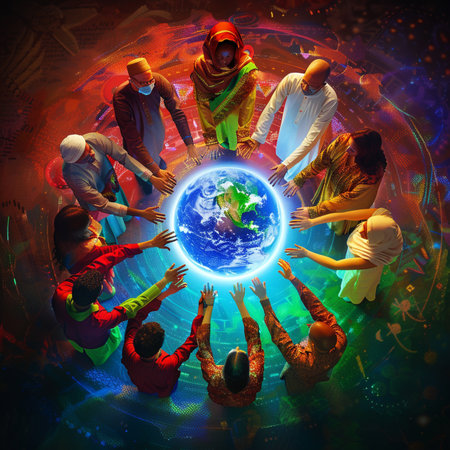 Group of people around the planet earth. Elements of this image are furnished by NASAの素材