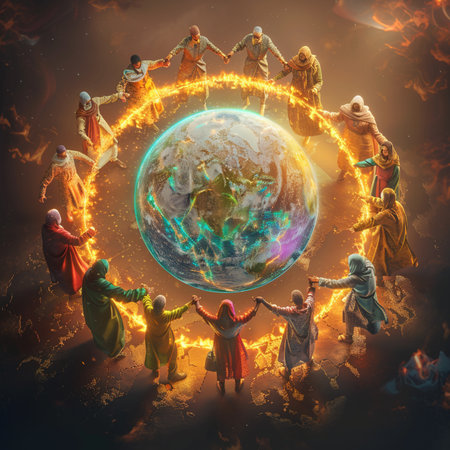 Conceptual image of happy family holding hands around the earth.の素材