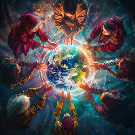 Diverse group of people around the earth. Elements of this image furnished by NASAの素材