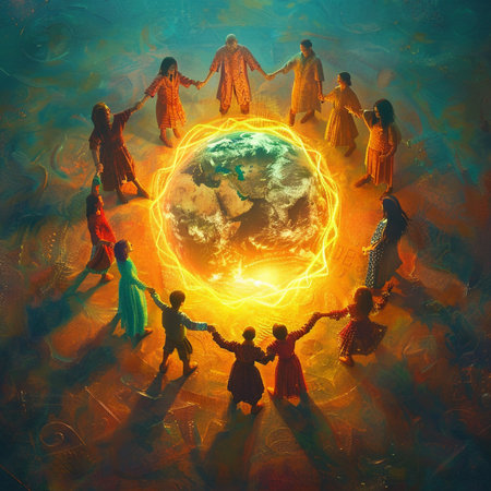 Indian family with kids around the planet earth. Colorful illustrations.の素材