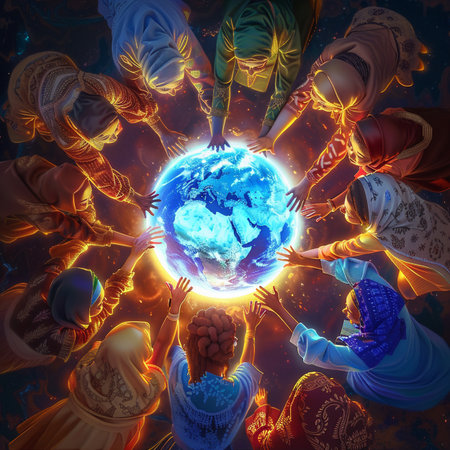 Hinduism religion concept. Group of people around the earth.の素材